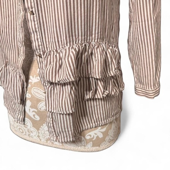 Zara Basic beige & white striped ruffle button blouse, lightweight, size S - Picture 3 of 8